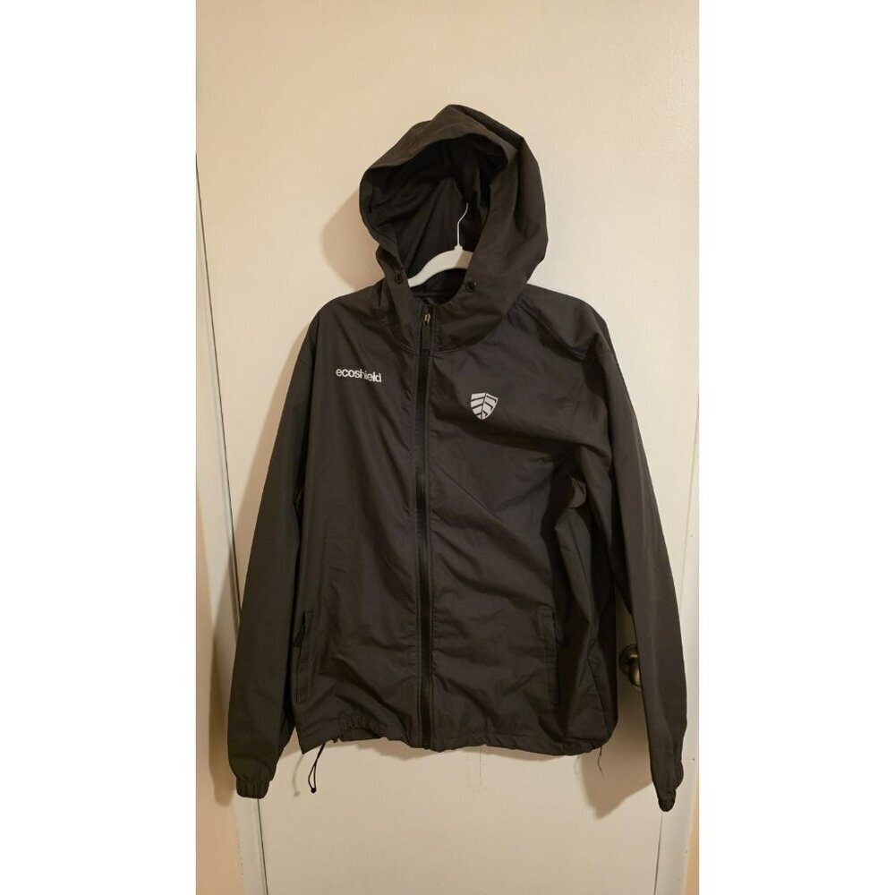 EcoShield Raincoat Mens Large Hooded Missing Drawstring Zip Pockets Logo Peeling